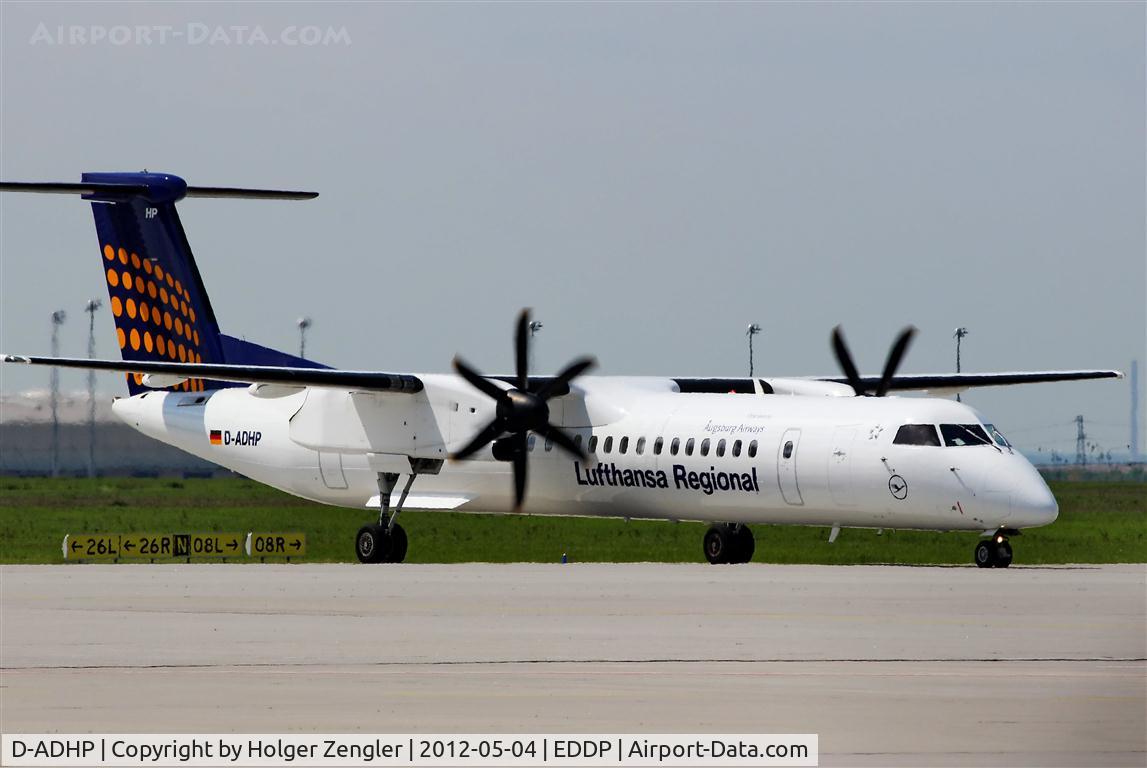 D-ADHP, 1998 De Havilland Canada DHC-8-402 Dash 8 C/N 4003, Arrival from MUC is crawling to parking position.....