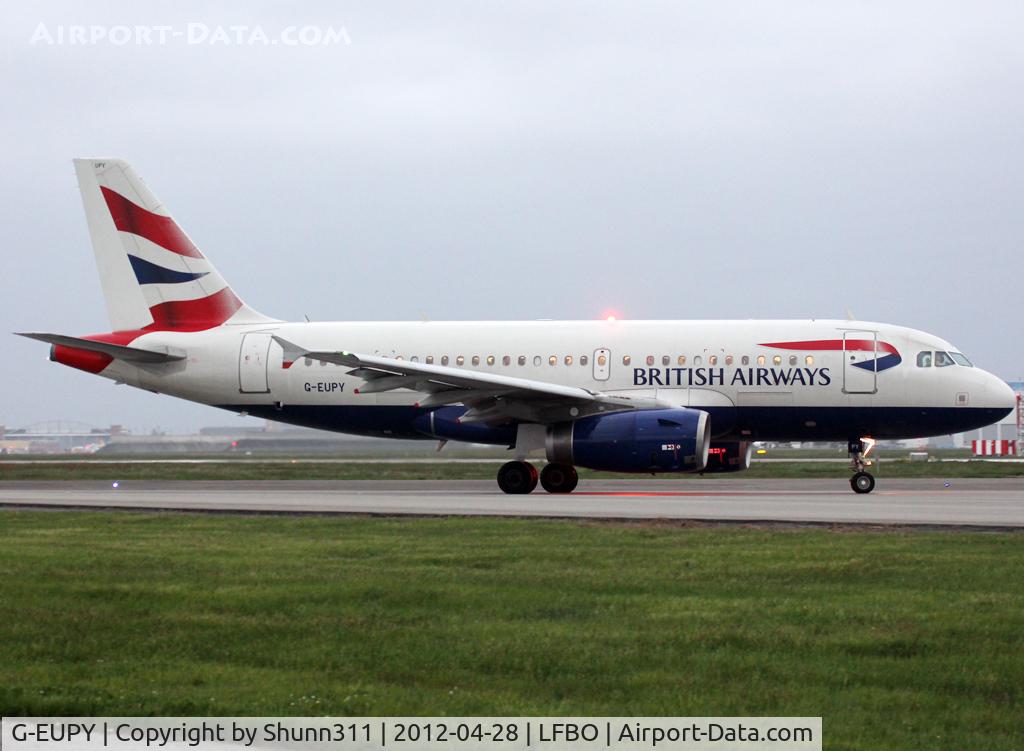 G-EUPY, 2001 Airbus A319-131 C/N 1466, Lining up rwy 14L for departure and with no complete tail c/s...