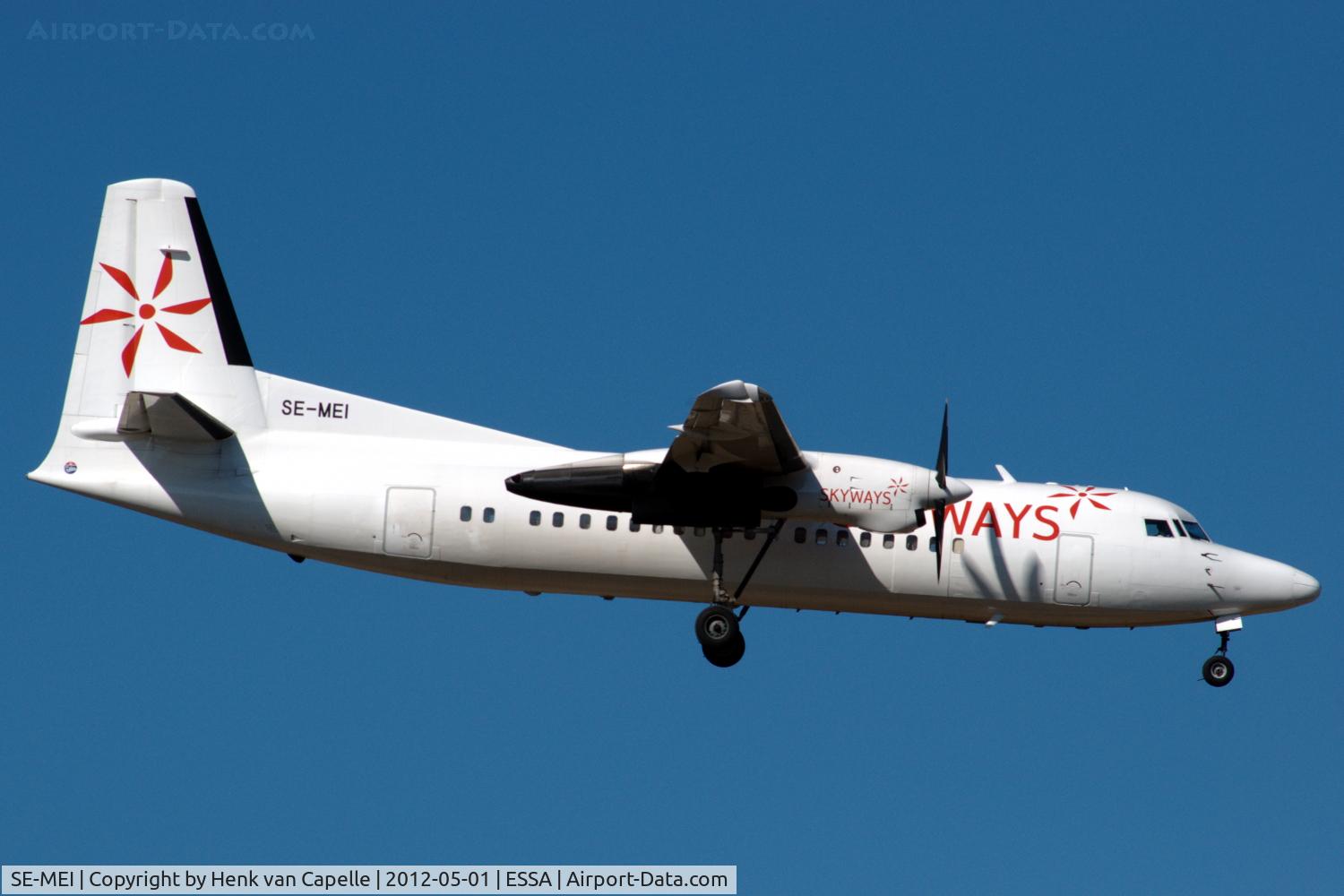 SE-MEI, 1991 Fokker 50 C/N 20210, Skyways Fokker 50 about to land at Stockholm Arlanda airport.