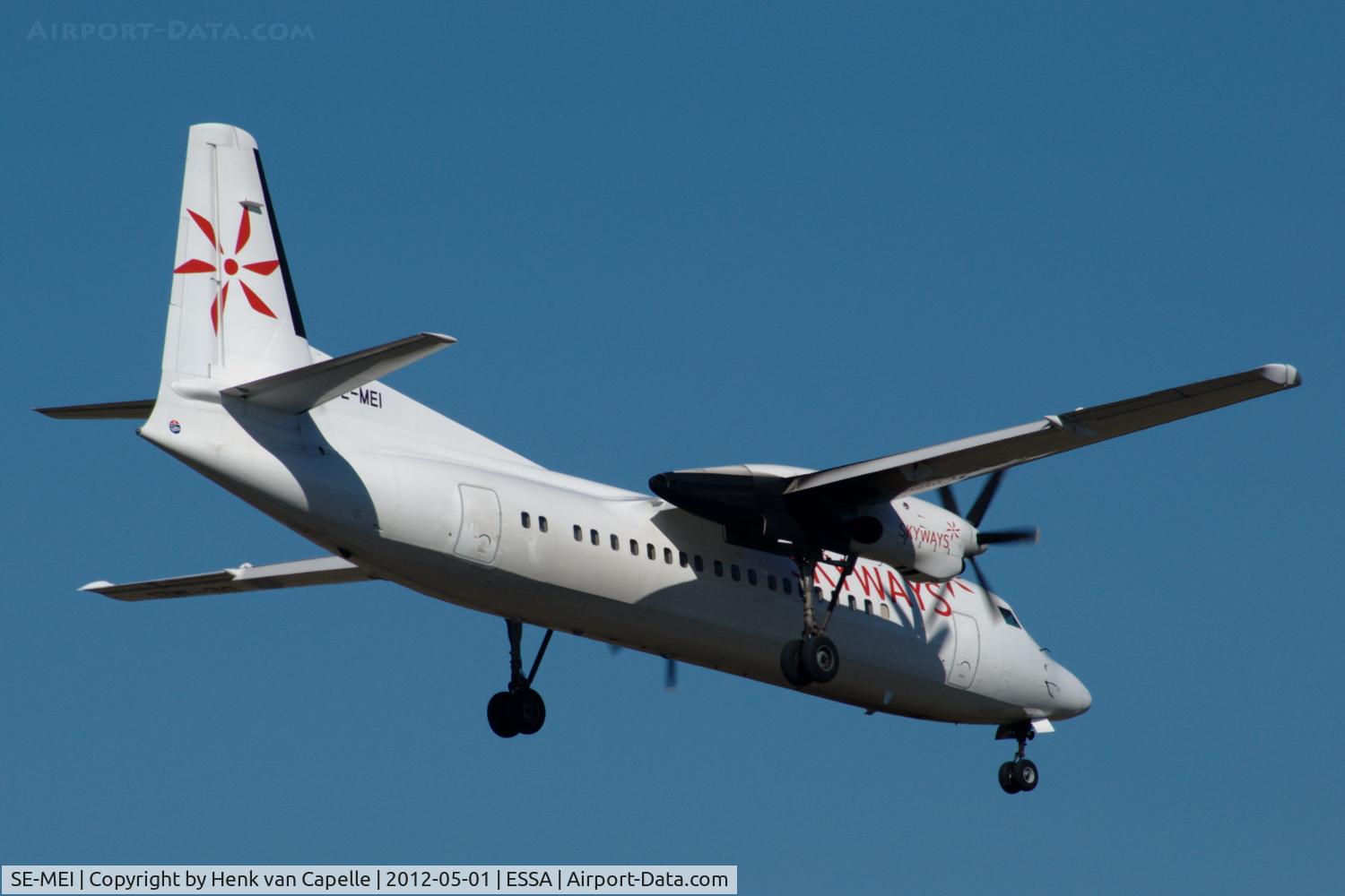 SE-MEI, 1991 Fokker 50 C/N 20210, Skyways Fokker 50 about to land at Stockholm Arlanda airport.
