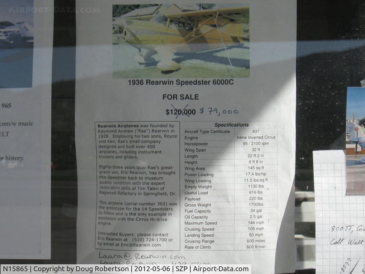 N15865, 1936 Rearwin 6000 C/N 302, 1936 Rearwin 6000C SPEEDSTER, American Cirrus Hi-Drive in-line inverted 95 Hp, restored-RARE-prototype of 14 to follow, For Sale data