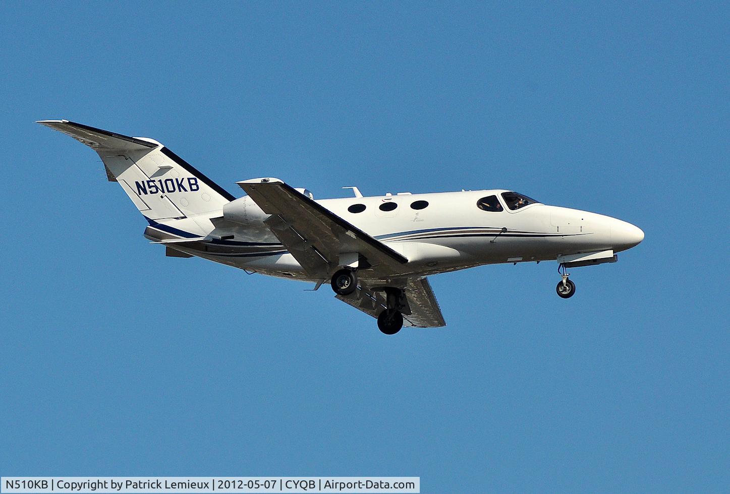 N510KB, Cessna 510 Citation Mustang C/N 510-0155, H510KB arriving at Quebec City (YQB) before embarking on a world tour in 27 countries in 76 days (organized by Air Journey). 7/05/2012.