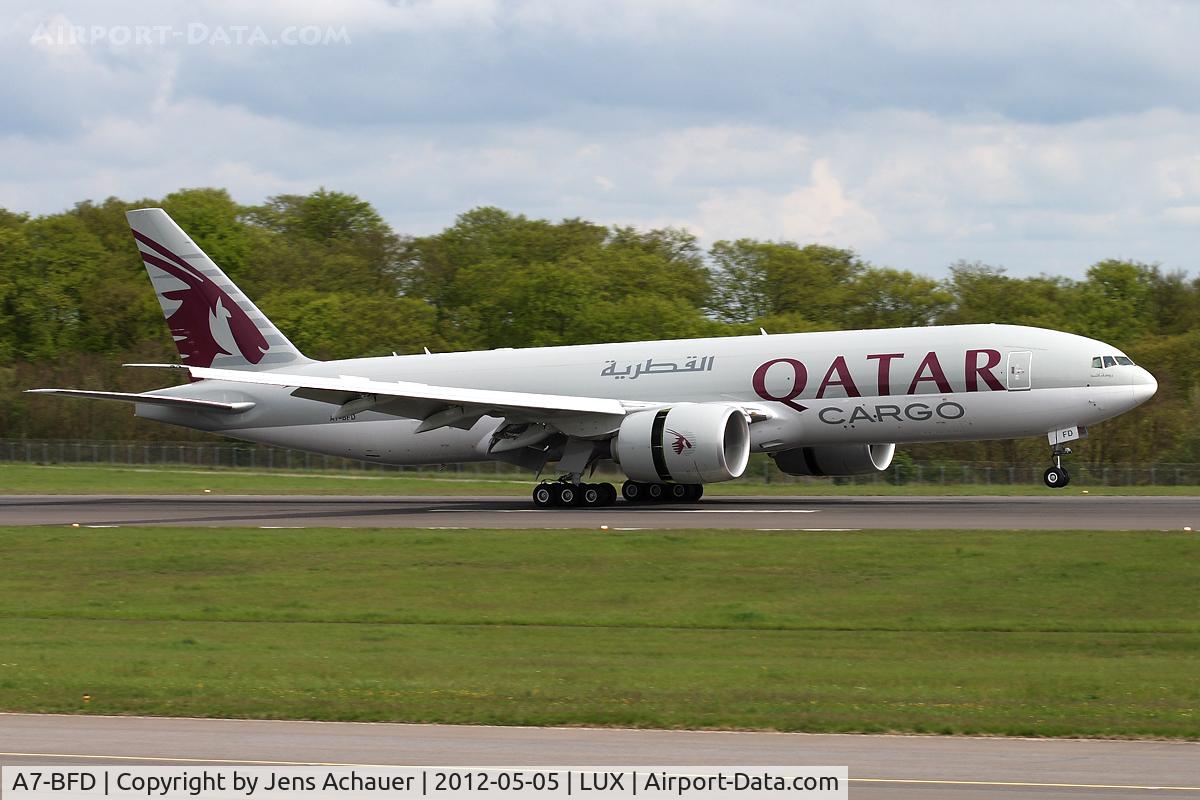 A7-BFD, 2012 Boeing 777-FDZ C/N 41427, Touching down on rwy 24 after flight from Doha