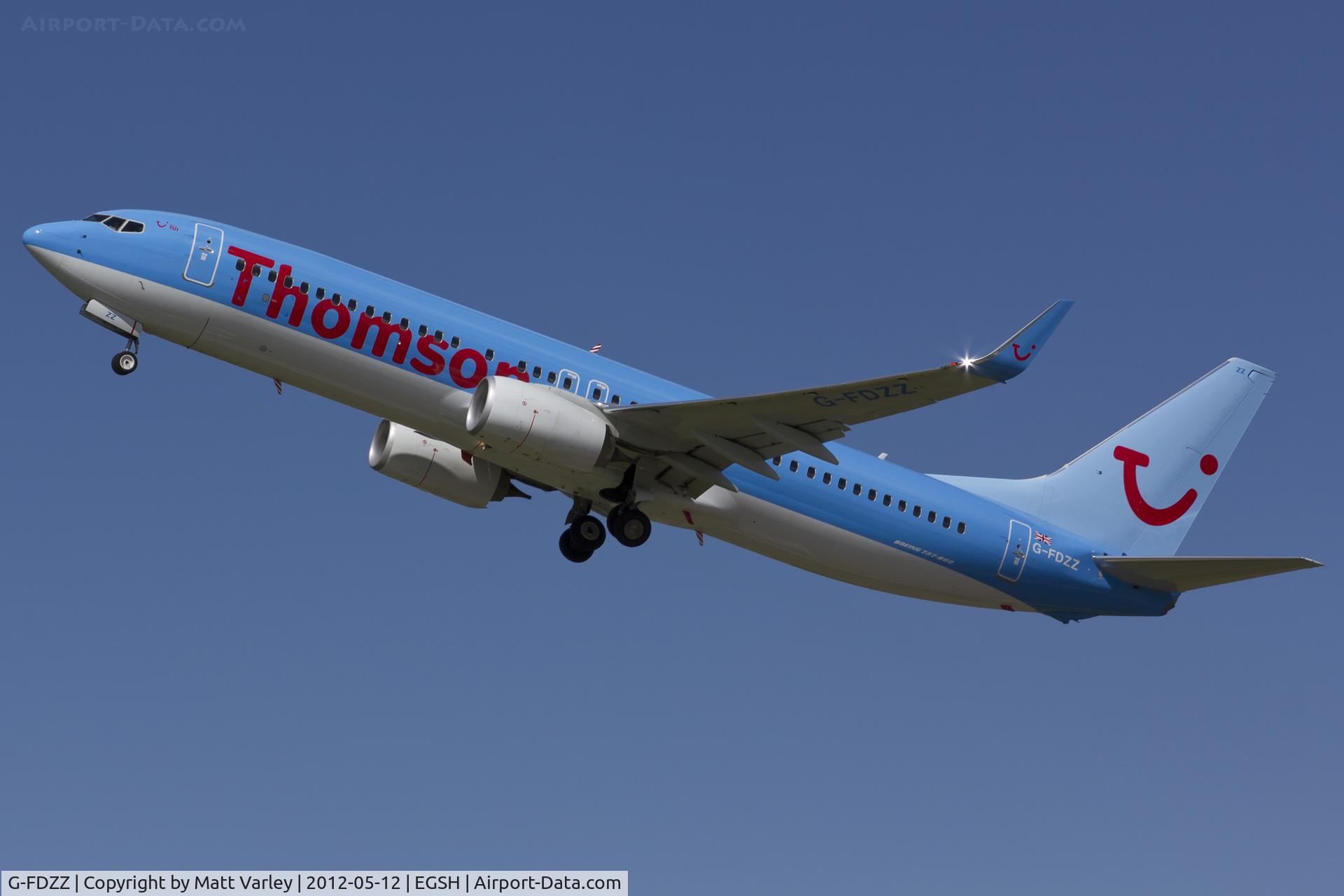 G-FDZZ, 2011 Boeing 737-8K5 C/N 37262, Departing EGSH on route to Ibiza.