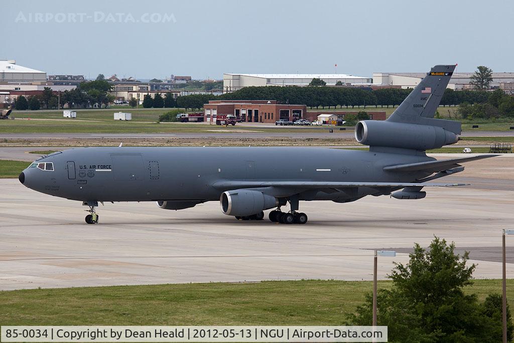 85-0034, 1985 McDonnell Douglas KC-10A Extender C/N 48239, USAF KC-10A Extender 85-0034 of the 305th AMW / 514th AMW based at McGuire AFB (Joint Base McGuire-Dix-Lakehurst), NJ. Seen here parked on the ramp at Naval Station Norfolk.