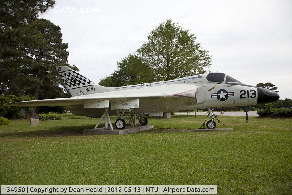 134950, Douglas F-6A Skyray C/N 10544, This aircraft is being displayed at NAS Oceana in the markings of VF-213 Blacklions of NAS Moffett Field, California.
The F4D Skyray prototype set a speed record for carrier-based aircraft of 753 mph in October 1953.