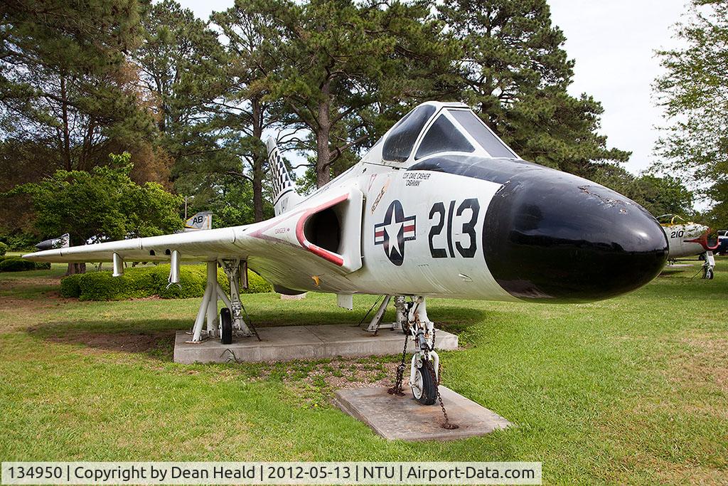 134950, Douglas F-6A Skyray C/N 10544, This aircraft is being displayed at NAS Oceana in the markings of VF-213 Blacklions of NAS Moffett Field, California. The F4D Skyray prototype set a speed record for carrier-based aircraft of 753 mph in October 1953.