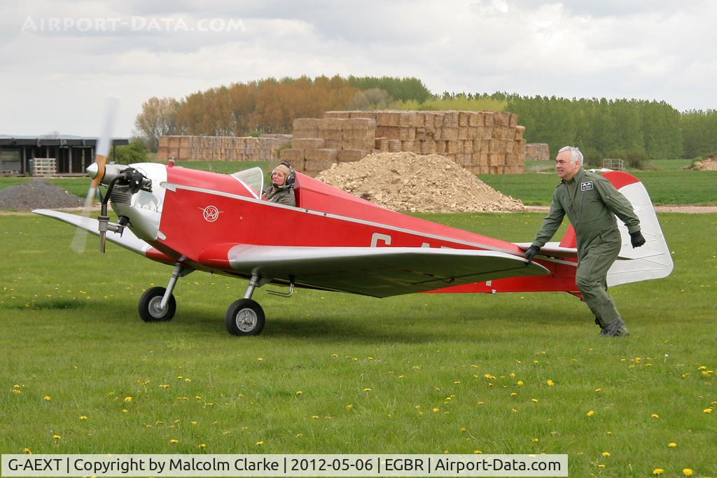 G-AEXT, 1937 Dart Kitten II C/N 123, Kate Howe has help to taxi her Dart Kitten to take-off at Breighton Airfield's 2012 May-hem Fly-In.