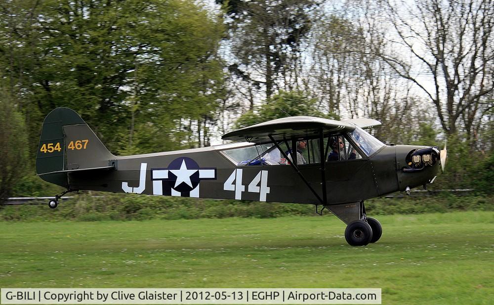 G-BILI, 1948 Piper L-4J Grasshopper (J3C-65D) C/N 13207,  Ex: 45-4467 F-BDTB > G-BILI - Originally in private hands in January 1981 and currently with and a trustee of, G-BILI Flying since March 1990. In the colours of, USAAF as 454467.