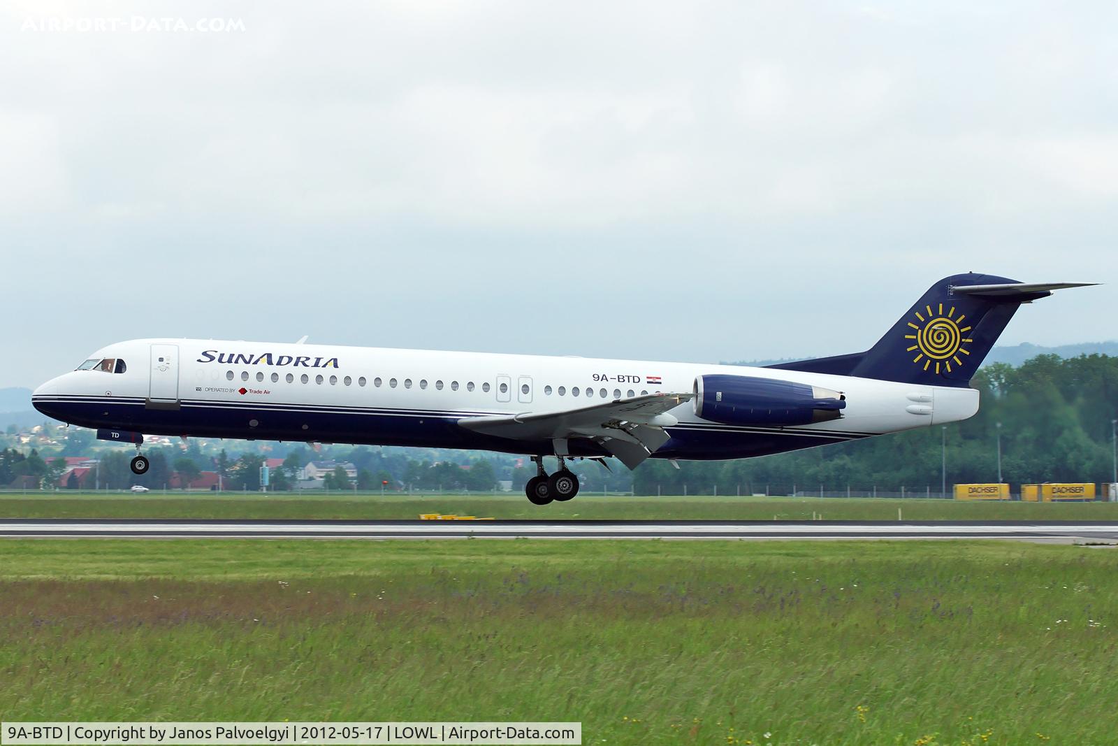 9A-BTD, 1992 Fokker 100 (F-28-0100) C/N 11407, SunAdria (Trade Air) Fokker 100 F-28-0100 landing in LOWL/LNZ