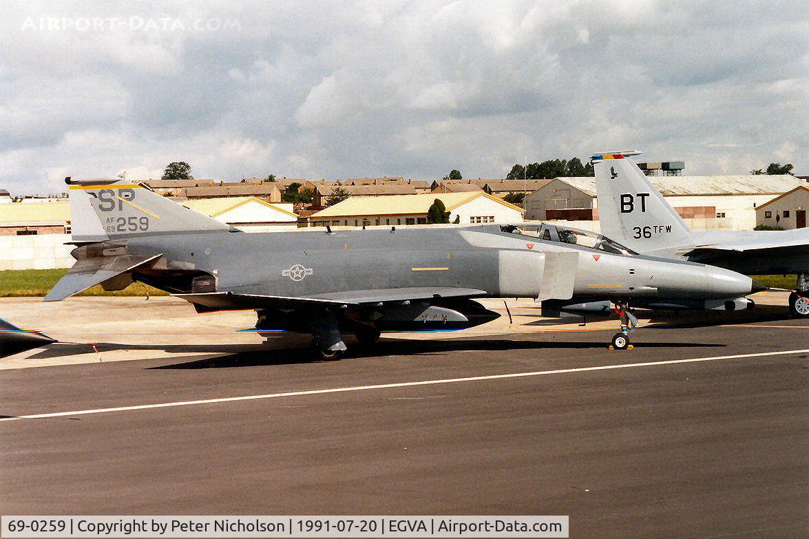 69-0259, 1969 McDonnell Douglas F-4G Phantom II C/N 3788, F-4G Phantom, callsign Harm 2, of 81st Tactical Fighter Squadron/52nd Tactical Fighter Wing based at Spangdahlem on the flight-line at the 1991 Intnl Air Tattoo at RAF Fairford.