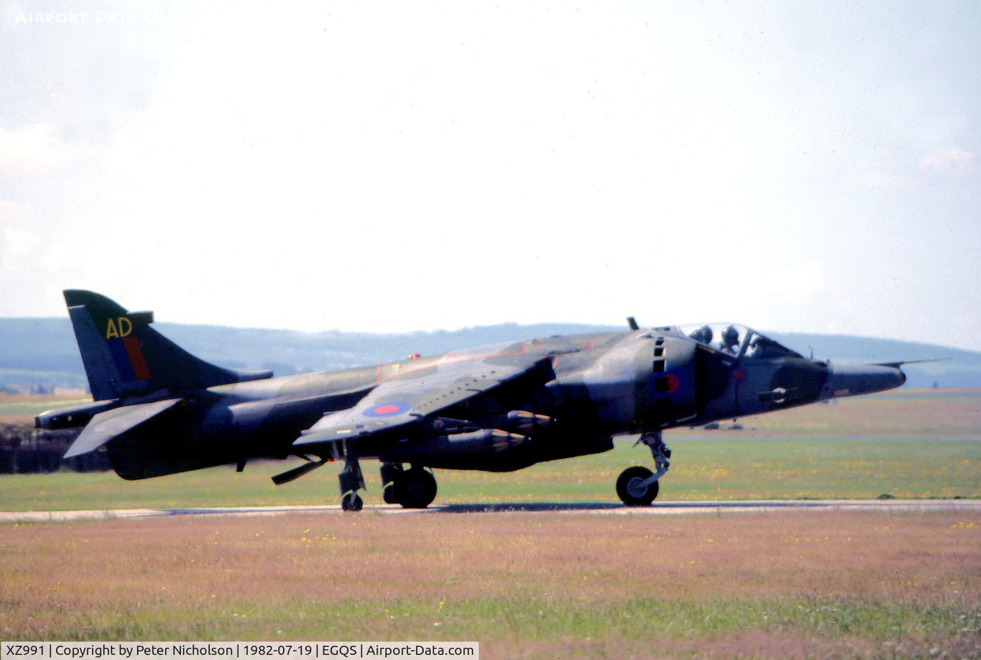 XZ991, 1981 British Aerospace Harrier GR.3 C/N 712214, Harrier GR.3 of 3 Squadron awaiting clearance to join the active runway at RAF Lossiemouth in the Summer of 1982.
