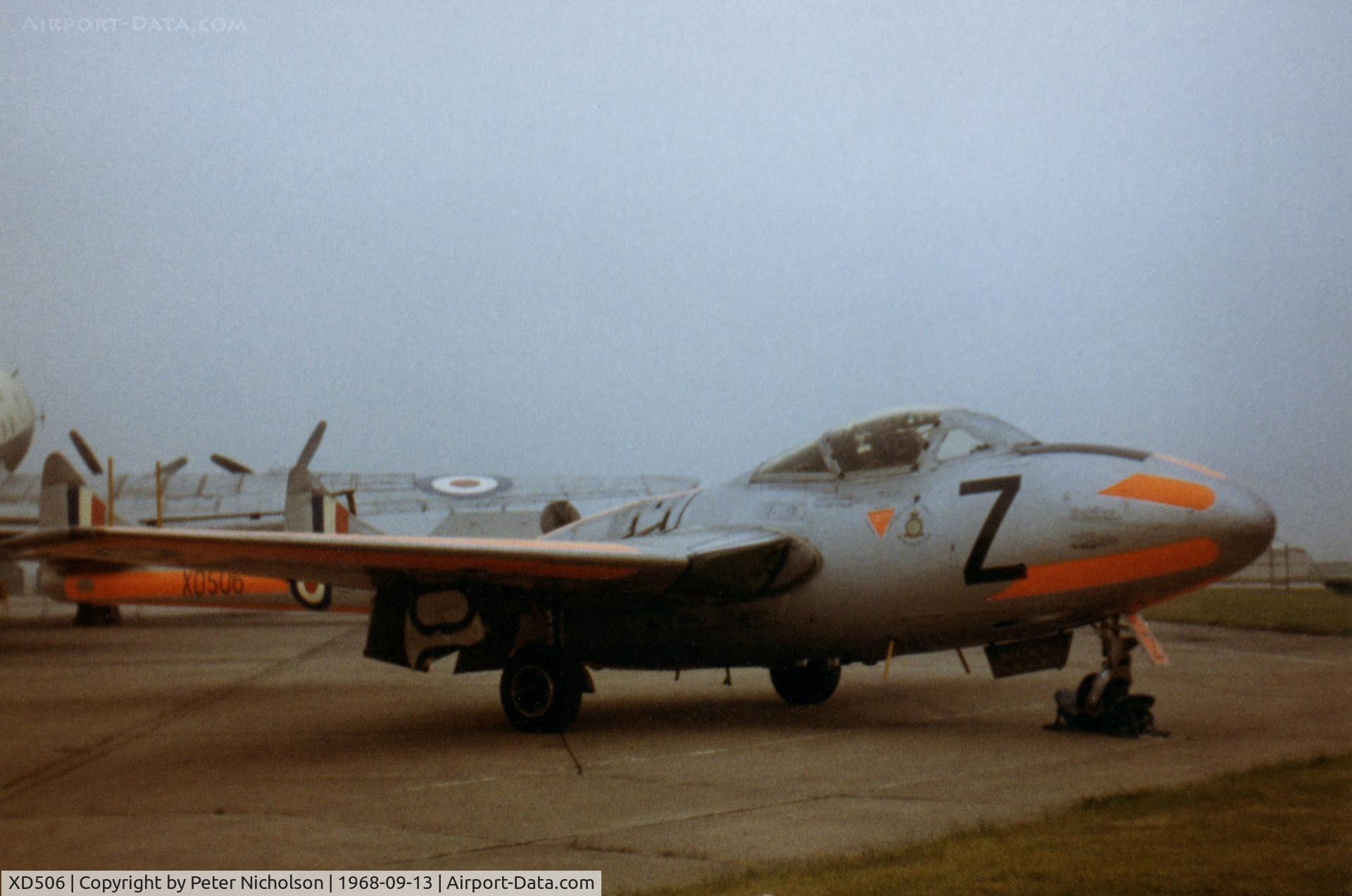 XD506, 1954 De Havilland DH-115 Vampire T.11 C/N 15271, Vampire T.11 as displayed at the 1968 RAF Finningley Battle of Britain Airshow.
