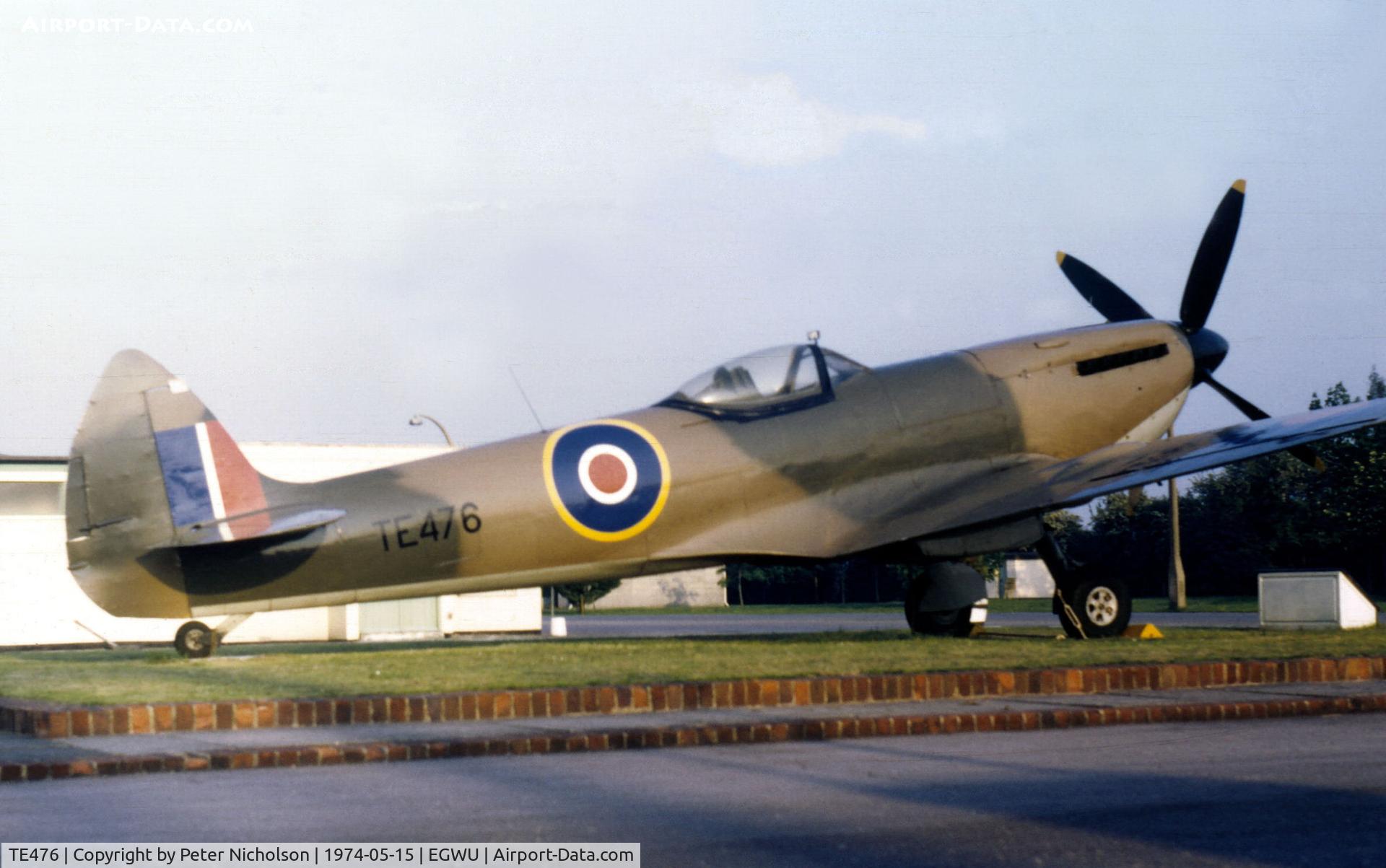 TE476, 1945 Supermarine 361 Spitfire LF.XVIe C/N CBAF.IX.4610, Spitfire XVIe on display as the gate guardian at RAF Northolt in May 1974.
