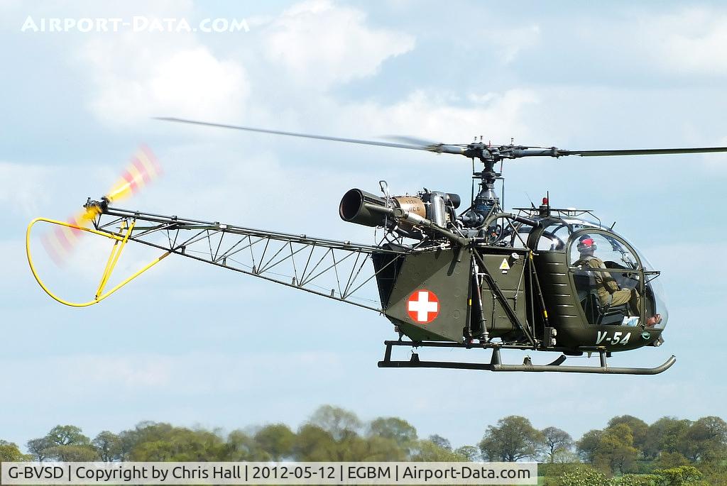 G-BVSD, 1964 Sud SE-3130 Alouette II C/N 1897, painted in its former Swiss Air Force colours and wearing the serial number V-54
