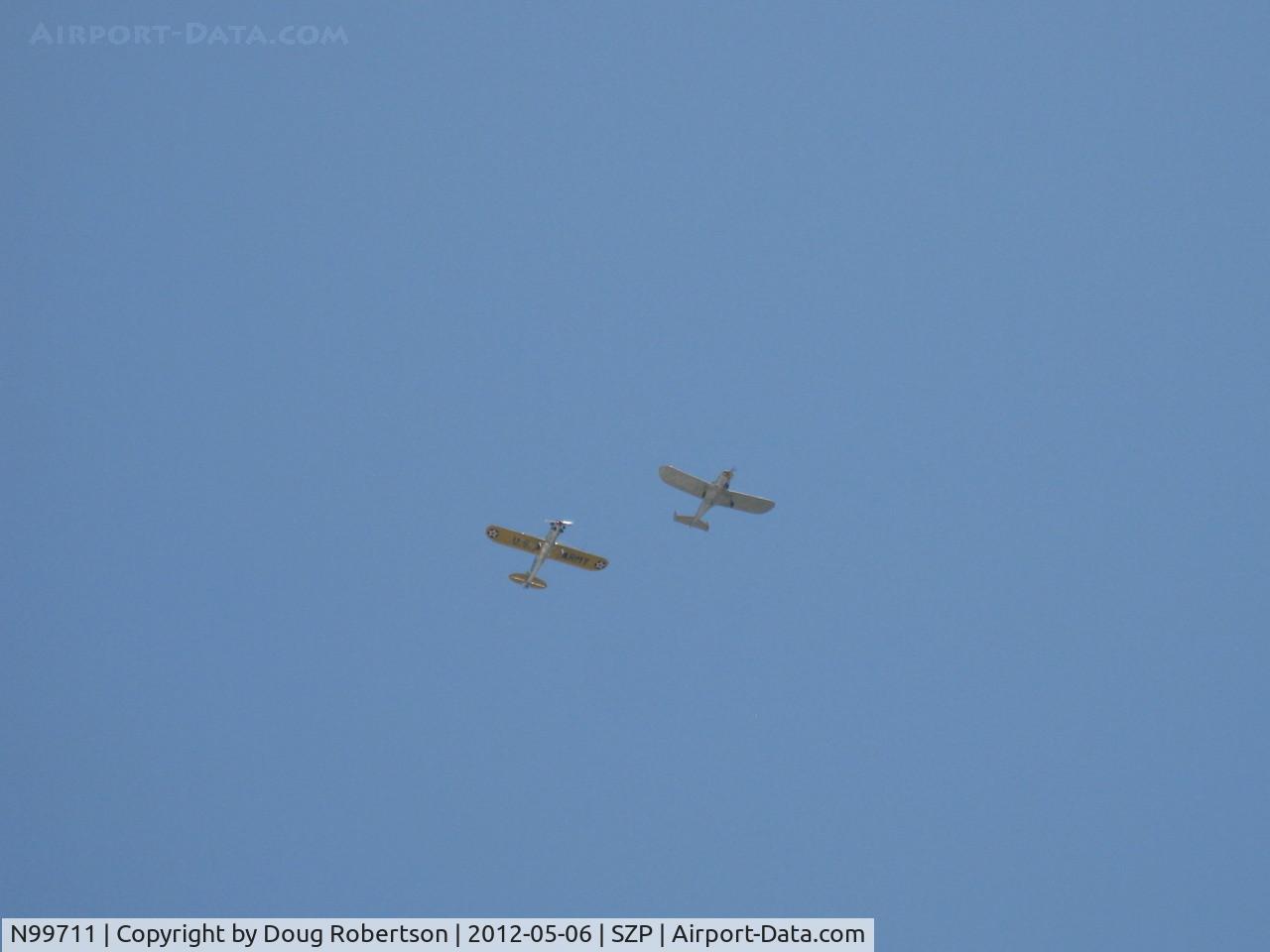 N99711, 1946 Erco 415D Ercoupe C/N 2334, 1946 ERCO Ercoupe 415-D, Continental O-200 100 Hp upgrade, in echelon flight with N53271 Ryan ST-3KR as PT-22