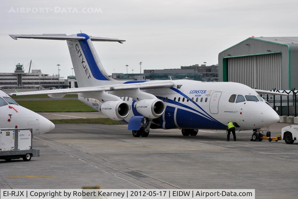 EI-RJX, 2000 BAe Systems Avro 146-RJ85A C/N E.2372, Fresh from the paint shop with the Leinster scheme. First operation is to bring the team to London for Heineken Cup final.
