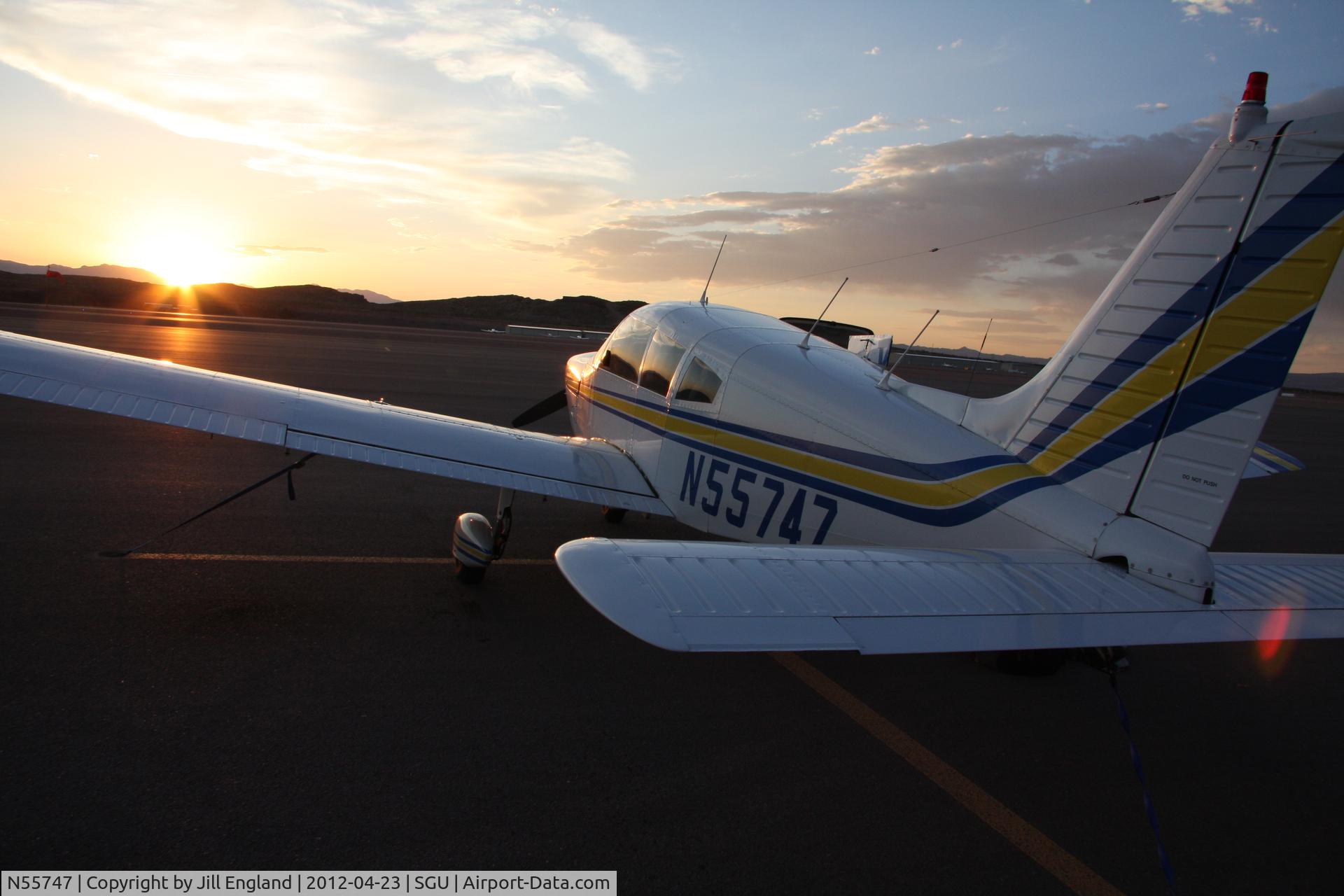 N55747, 1973 Piper PA-28-180 Cherokee C/N 28-7305347, Tied down for the night in after a long bumpy flight from Oregon to St. George.  Landed in Colorado City Arizon briefly and filled up. Then learned they were going to tear up the runway I just landed on in the morning.