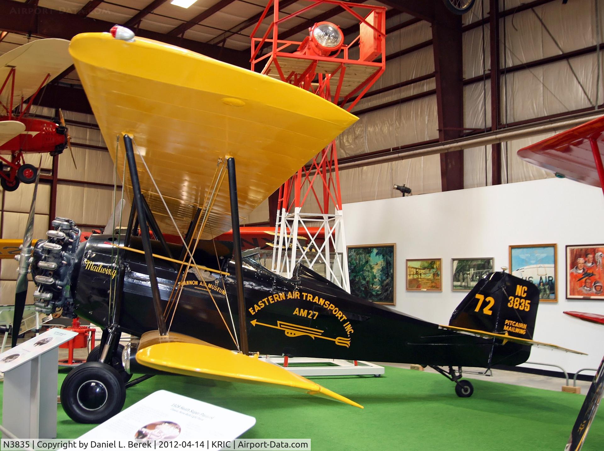 N3835, 1927 Pitcairn PA-5 Mailwing C/N 9, This beautiful mailwing, in its classic yellow and black, is in the colors of Eastern Air Transport, the same airline as the EAA Ford Tri-Motor.  This little musuem is well worth a visit if you like these wonderful Golden Age aircraft.