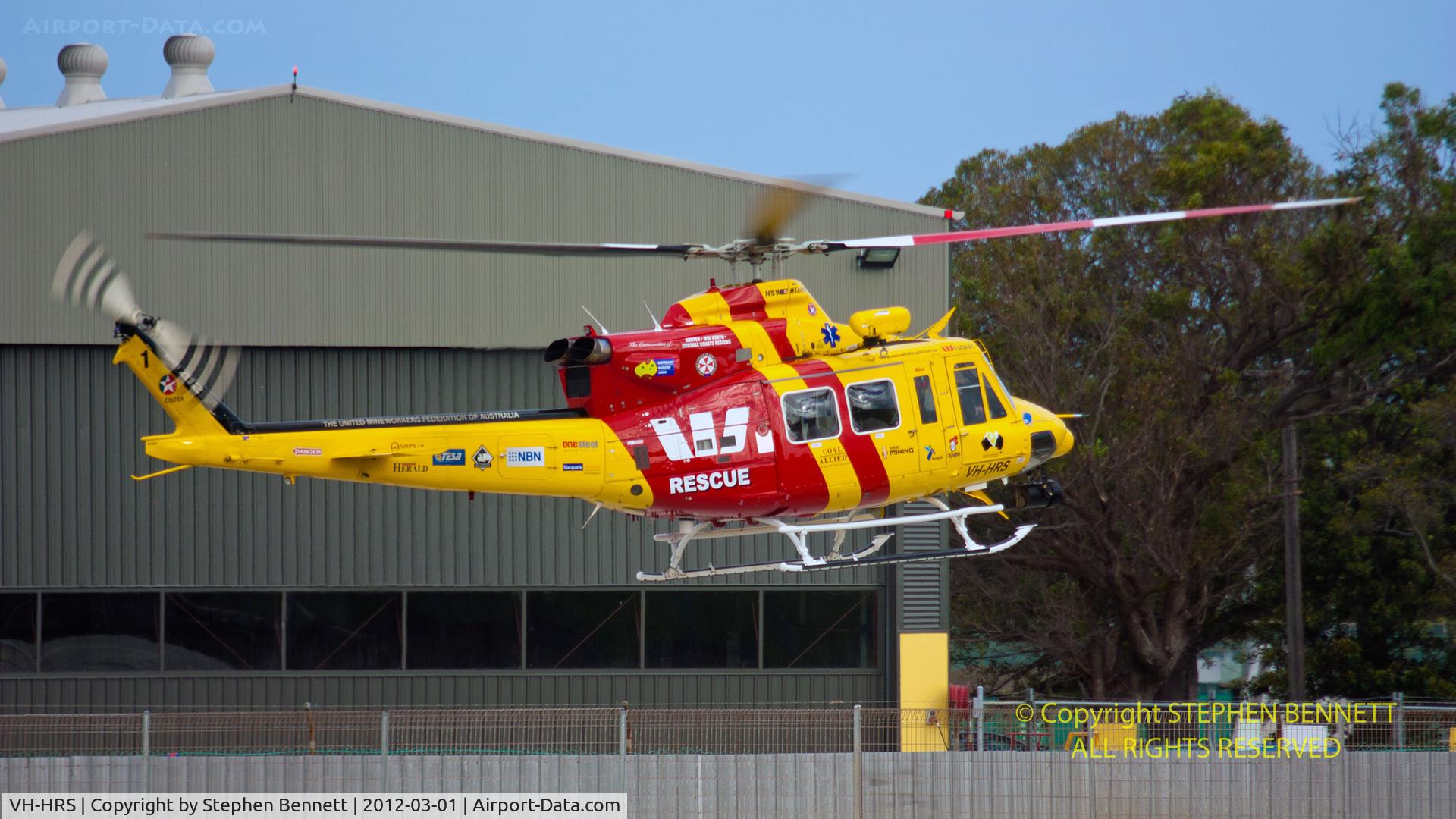 VH-HRS, Bell 412 C/N 33118, Rescue Helicopter, Westpac 1 takes off from its hanger at Broadmeadow, NSW, Australia en route to yet another rescue