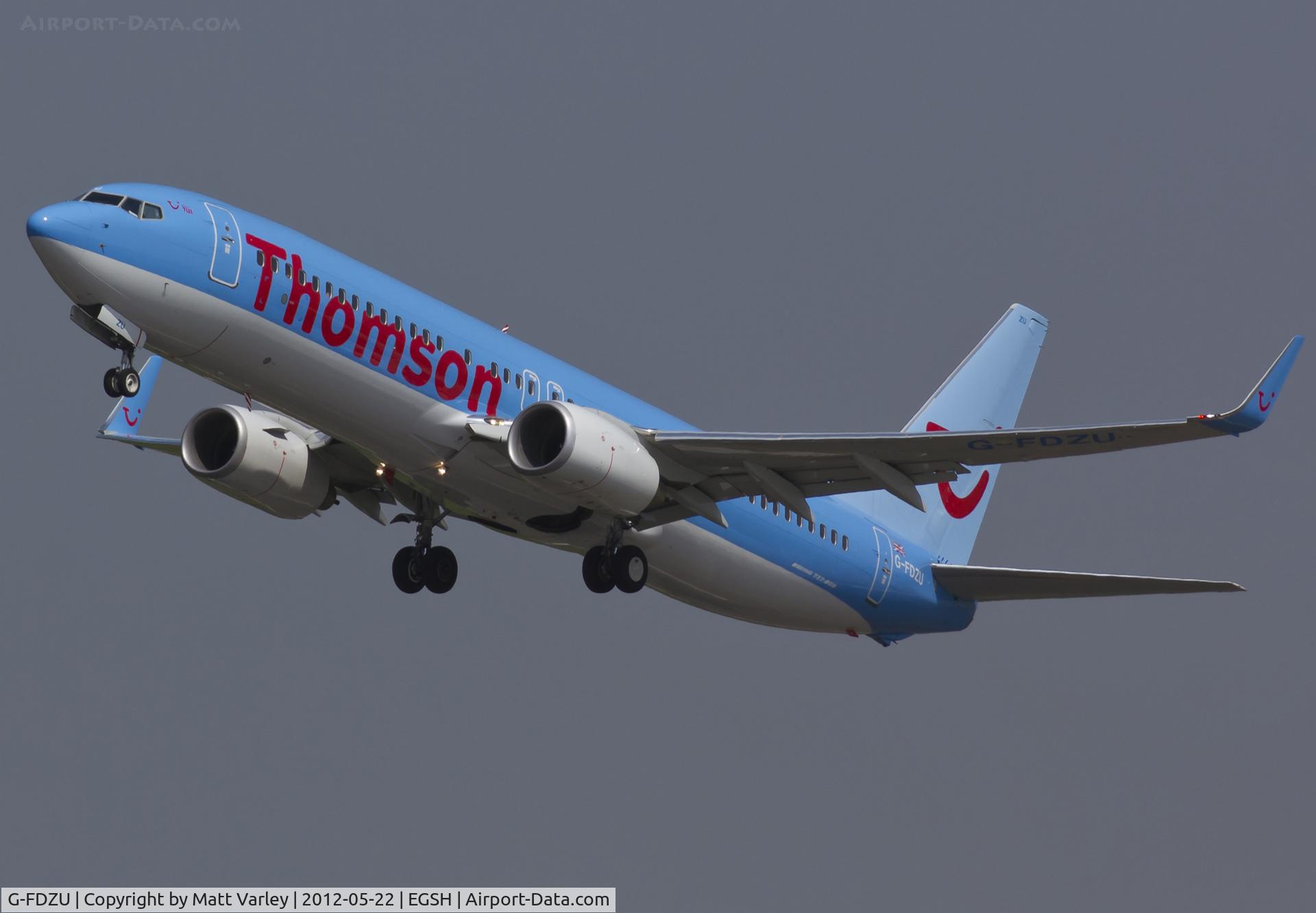 G-FDZU, 2011 Boeing 737-8K5 C/N 37253, Departing EGSH.