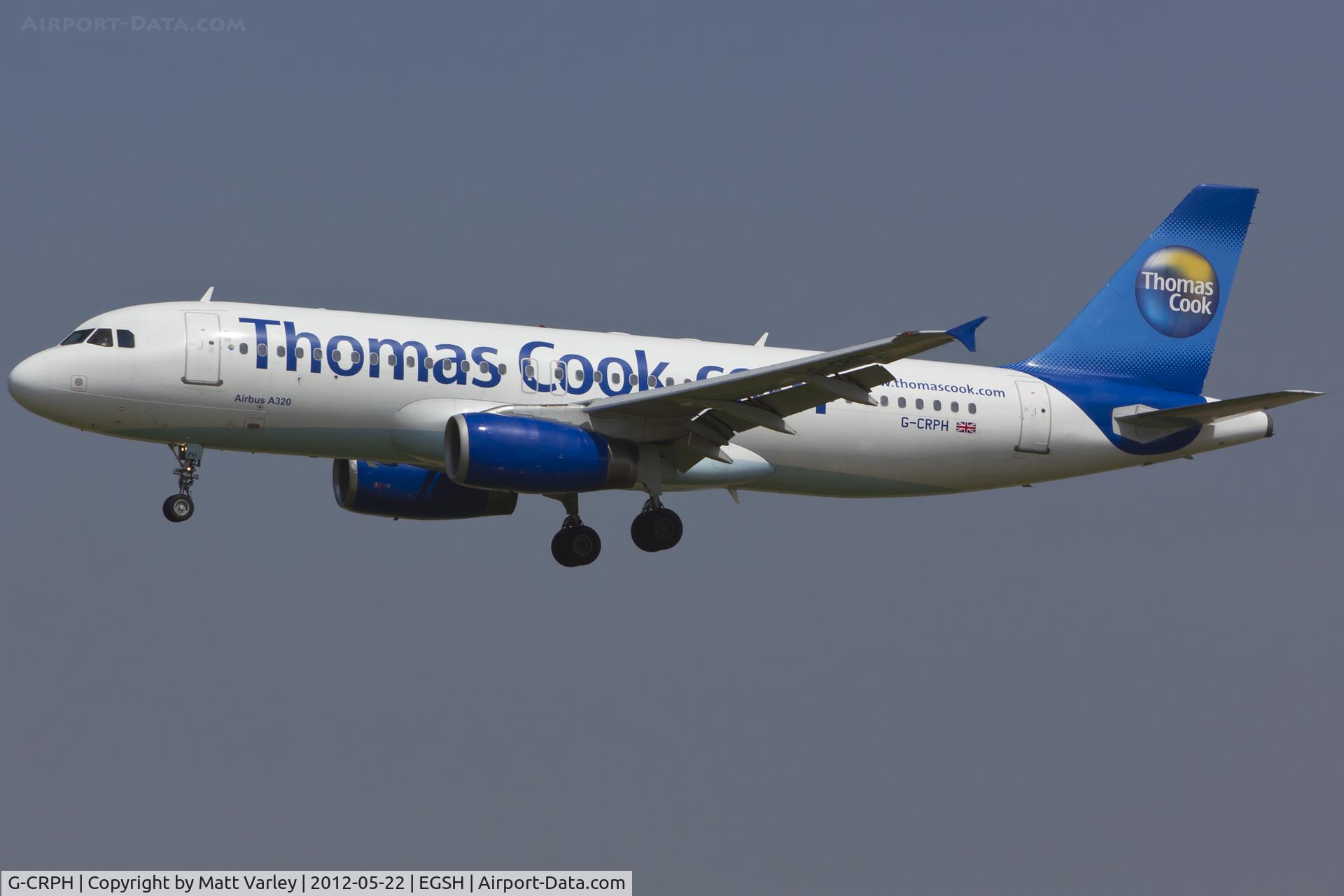 G-CRPH, 1993 Airbus A320-231 C/N 424, arriving at EGSH.