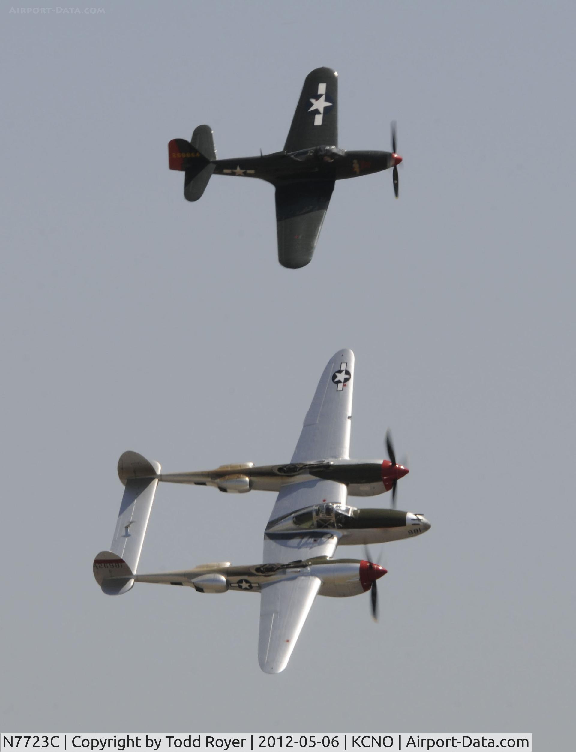 N7723C, 1944 Lockheed P-38L-5 Lightning C/N 7985, P-63 and P-38 at the Chino Airshow 2012