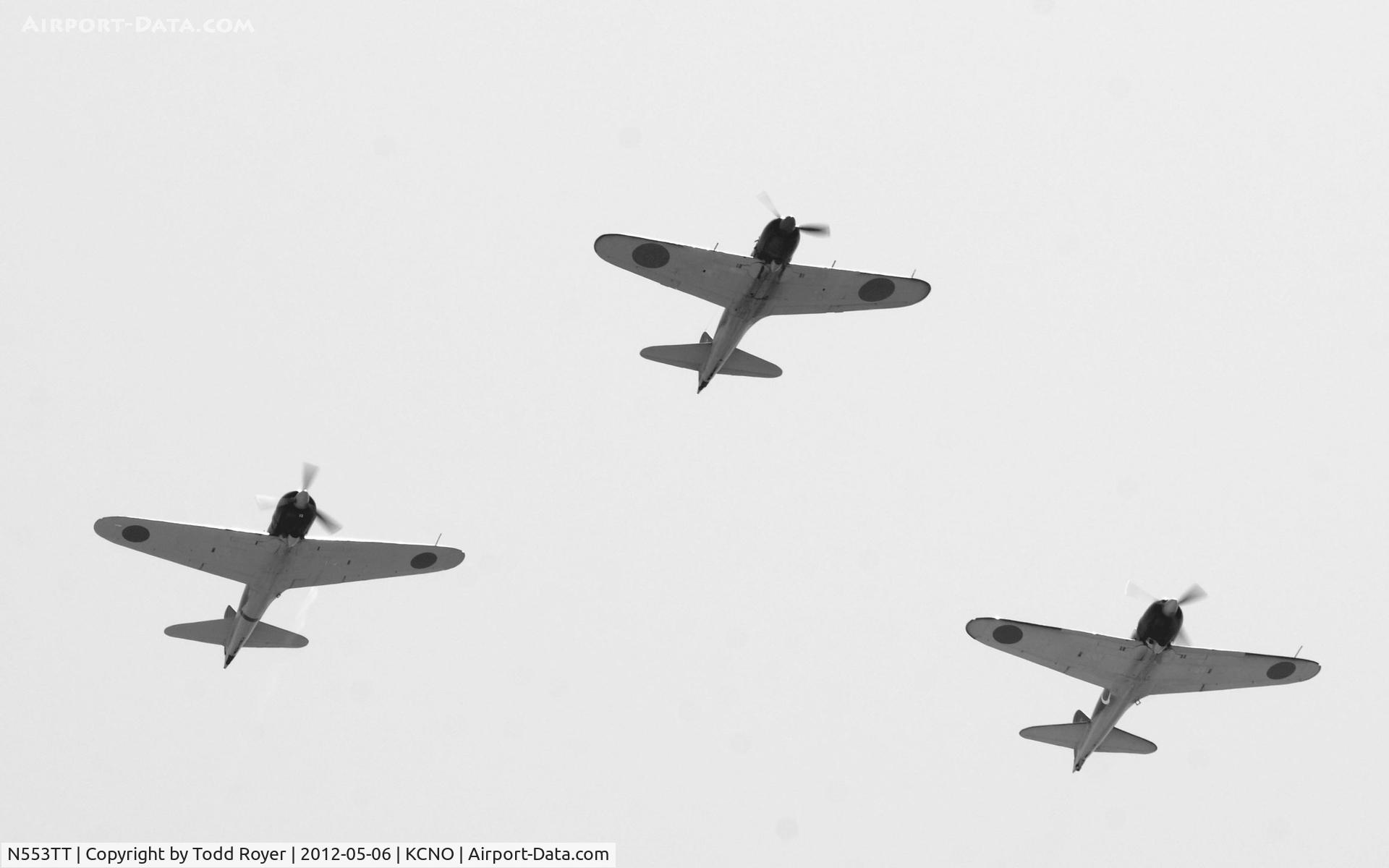N553TT, 1942 Mitsubishi A6M3 Reisen (Zero) C/N 3858, Three Zeros in formation, not somthing you see every day, they made several passes at 2012 Chino Airshow