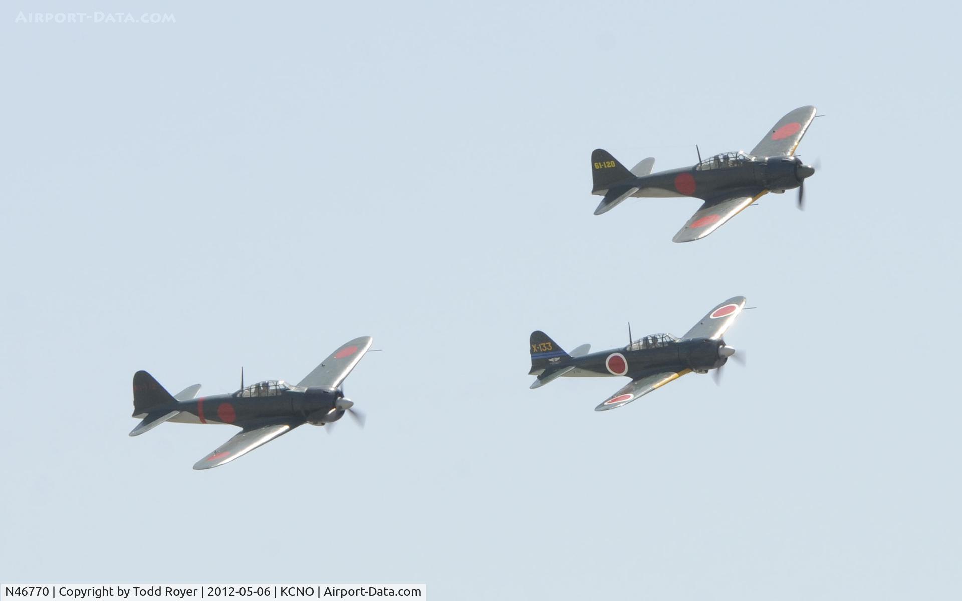 N46770, 1944 Mitsubishi A6M5 Reisen (Zero) C/N 5357, Something that may not have happened since World War II, three Zeros in formation at 2012 Chino Airshow