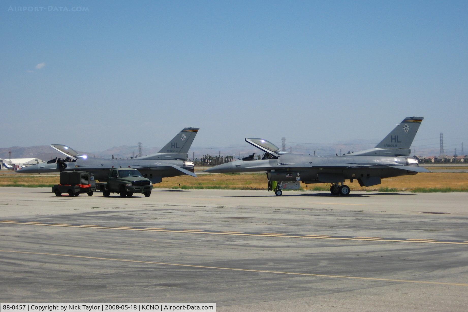 88-0457, 1988 General Dynamics F-16CG Night Falcon C/N 1C-59, 88-0457 on left and 88-0521 on the right during the Chino Air Show 08