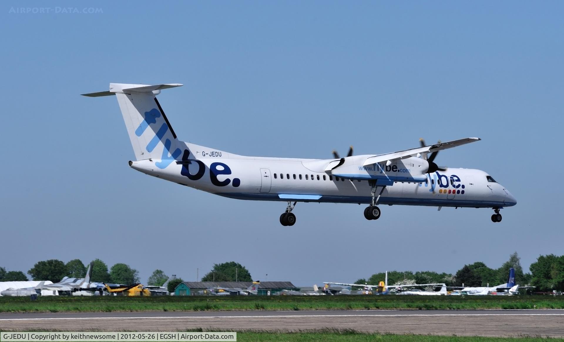 G-JEDU, 2004 De Havilland Canada DHC-8-402Q Dash 8 C/N 4089, G-JEDU landing onto 09 at Norwich with the museum below !