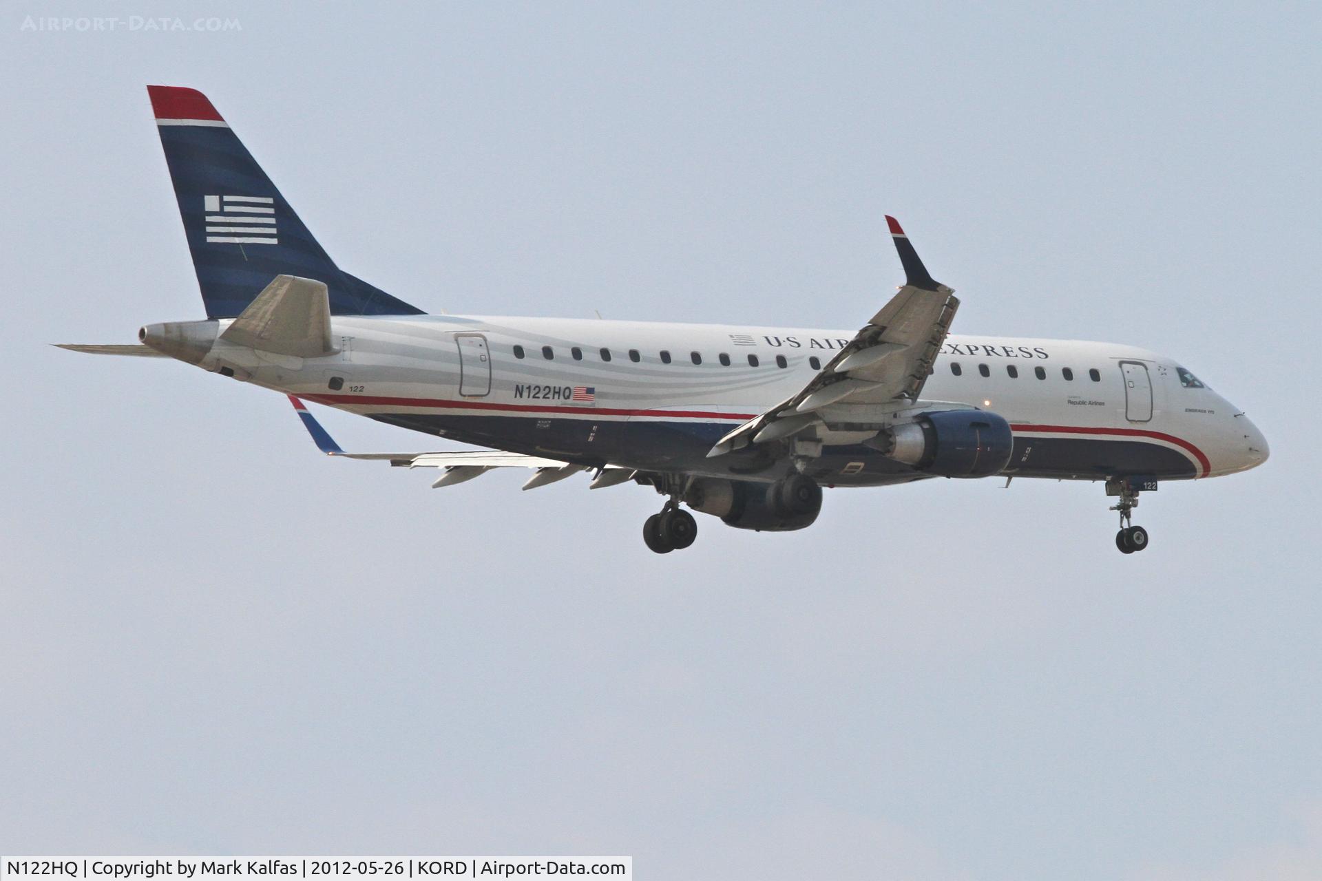 N122HQ, 2007 Embraer 175LR (ERJ-170-200LR) C/N 17000196, Republic Airlines/US Air Express Embraer ERJ170-200LR, RPA3185 arriving from Charlotte-Douglas Int'l /KCLT, RWY 10 approach KORD.