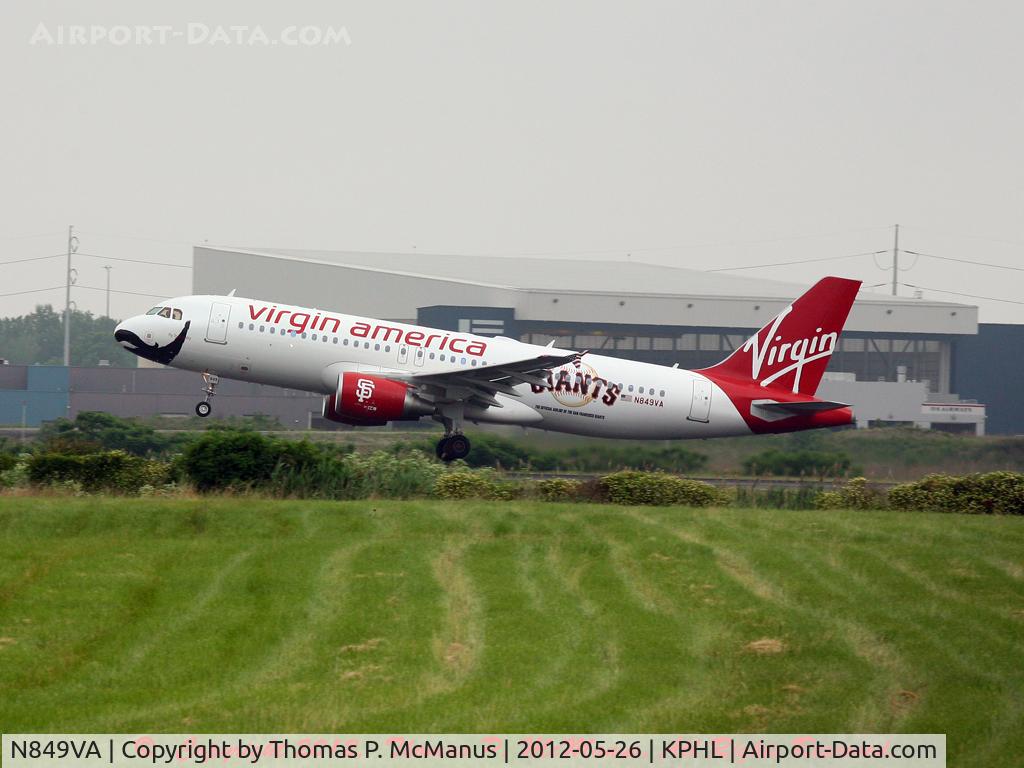 N849VA, 2011 Airbus A320-214 C/N 4991, Redwood 137 rotating on 27L from an overcast  KPHL enroute to KSFO.