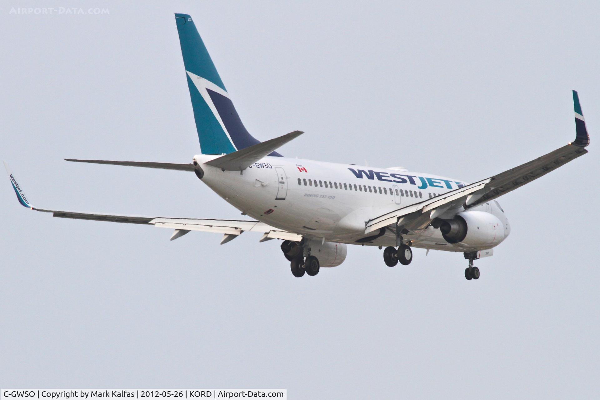 C-GWSO, 2009 Boeing 737-7CT C/N 37090, WestJet Boeing 737-7CT, WJA1688 arriving from Vancouver Int'l/CYVR, RWY 10 approach KORD.