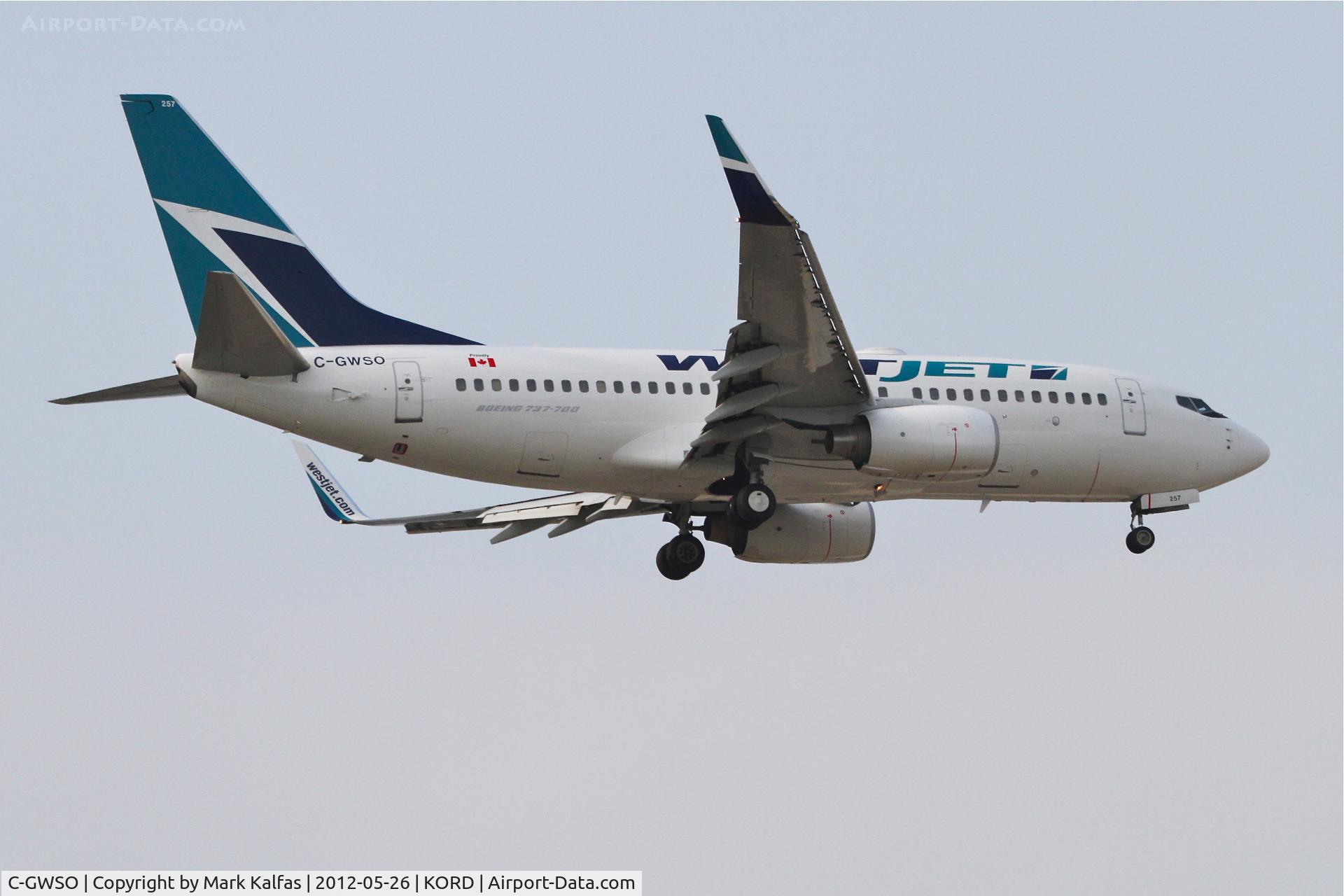 C-GWSO, 2009 Boeing 737-7CT C/N 37090, WestJet Boeing 737-7CT, WJA1688 arriving from Vancouver Int'l/CYVR, RWY 10 approach KORD.