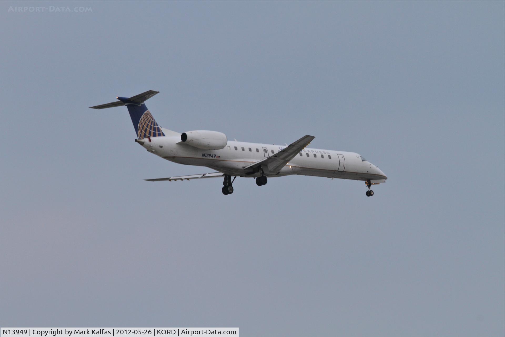 N13949, 1998 Embraer EMB-145LR C/N 145057, ExpressJet/United Express Embraer EMB-145LR, ASQ6181 arriving from Madison, WI/KMSN, RWY 10 approach KORD.