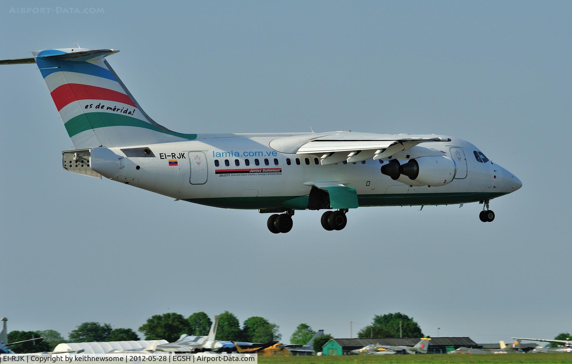 EI-RJK, 1999 British Aerospace Avro 146-RJ85A C/N E2348, EI-RJK landing from a very rare flight, one of four Lamia aircraft 'hanging around' at Norwich ?