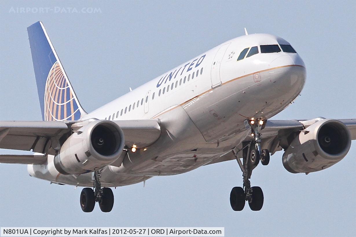 N801UA, 1997 Airbus A319-131 C/N 686, United Airlines Airbus A319-131, United's flight #353 arriving from Dallas-Fort Worth/DFW, on approach RWY 14R at Chicago O'hare/ORD