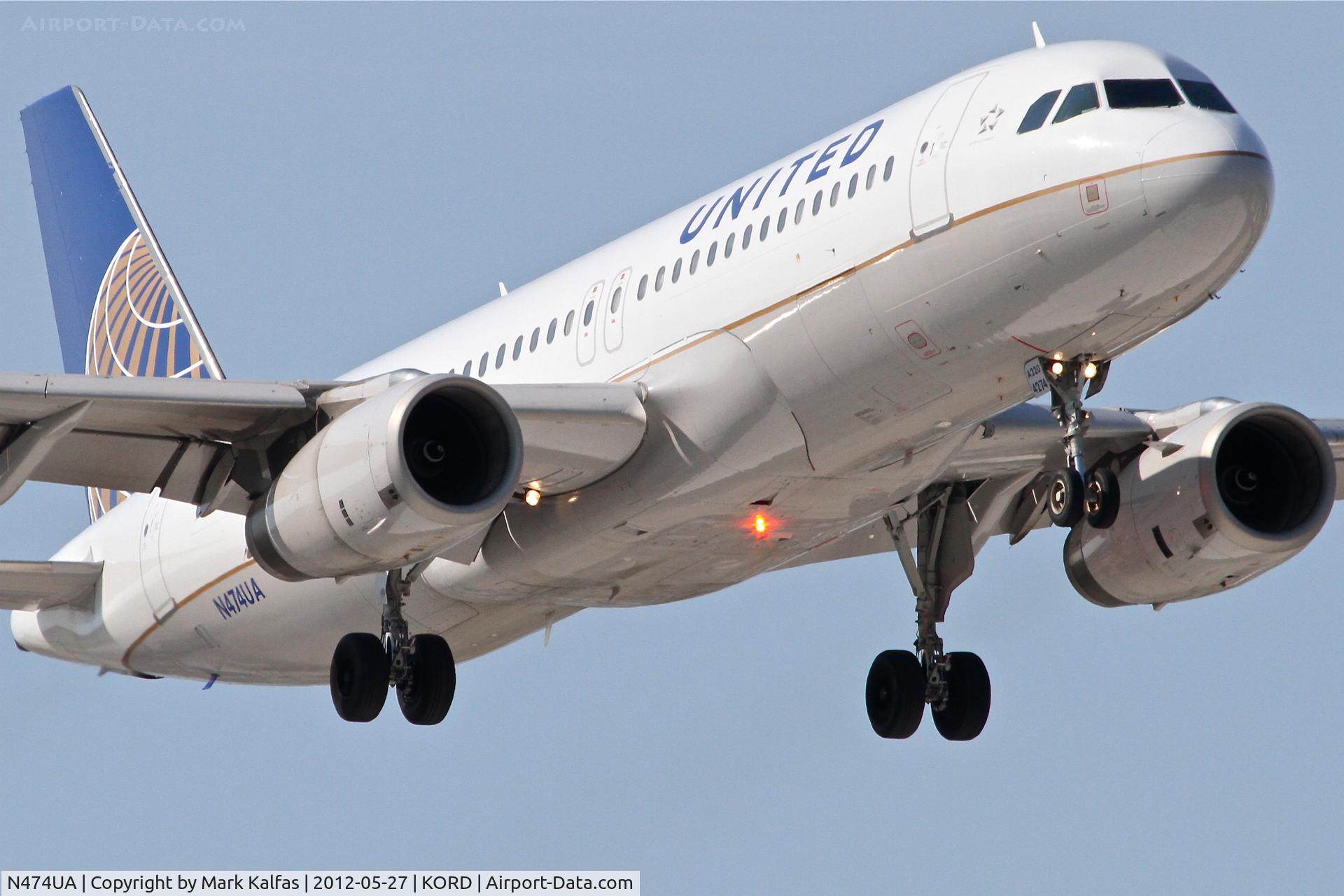 N474UA, 2001 Airbus A320-232 C/N 1475, United Airlines Airbus A320-232, UAL843 arriving from San Diego/KSAN, RWY 14R approach KORD.