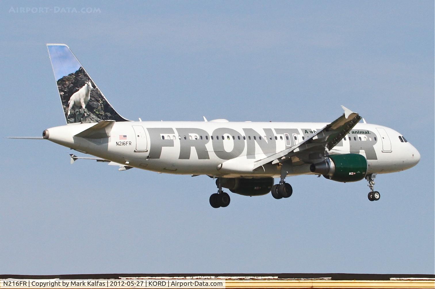 N216FR, 2011 Airbus A320-214 C/N 4745, Frontier Airlines Airbus A320-214, FFT8545 arriving from Cancun Int'l /MMUN, RWY 14R approach KORD.