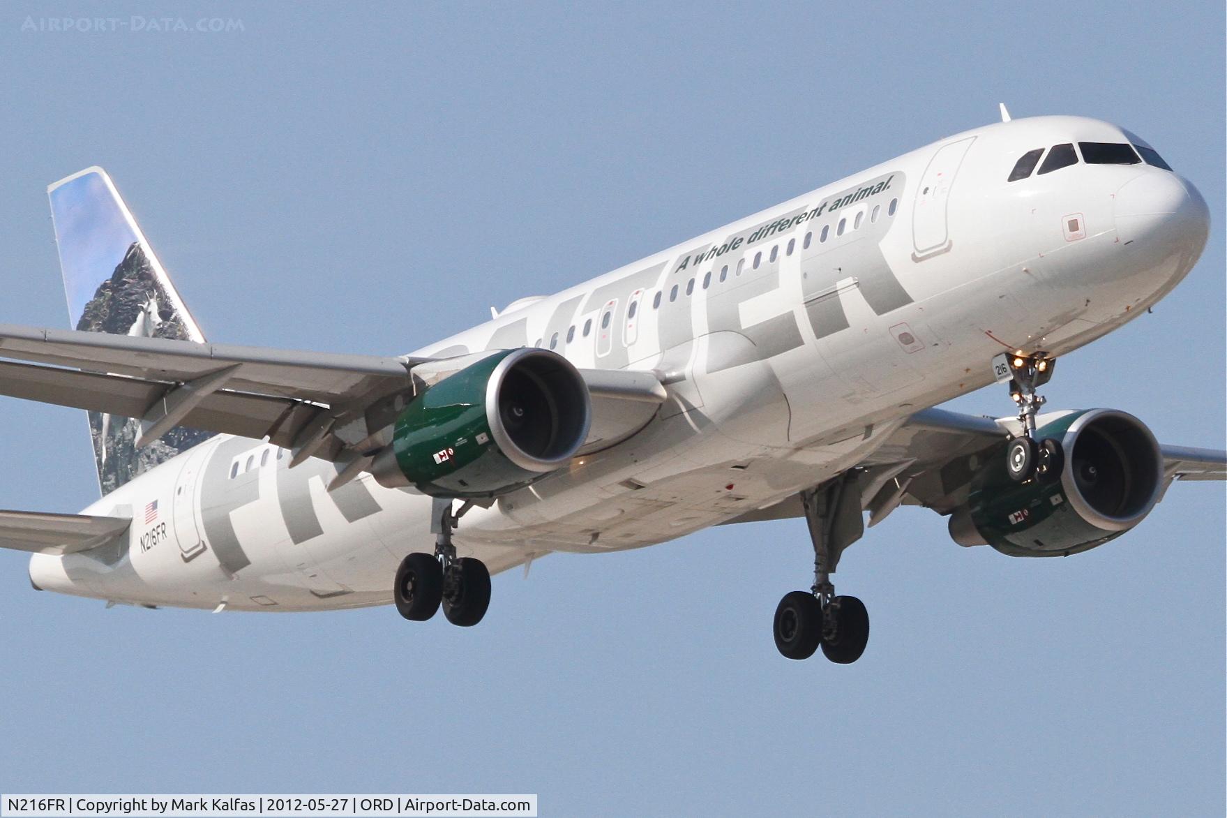 N216FR, 2011 Airbus A320-214 C/N 4745, Frontier Airlines Airbus A320-214, FFT8545 arriving from Cancun Int'l /MMUN, RWY 14R approach KORD.