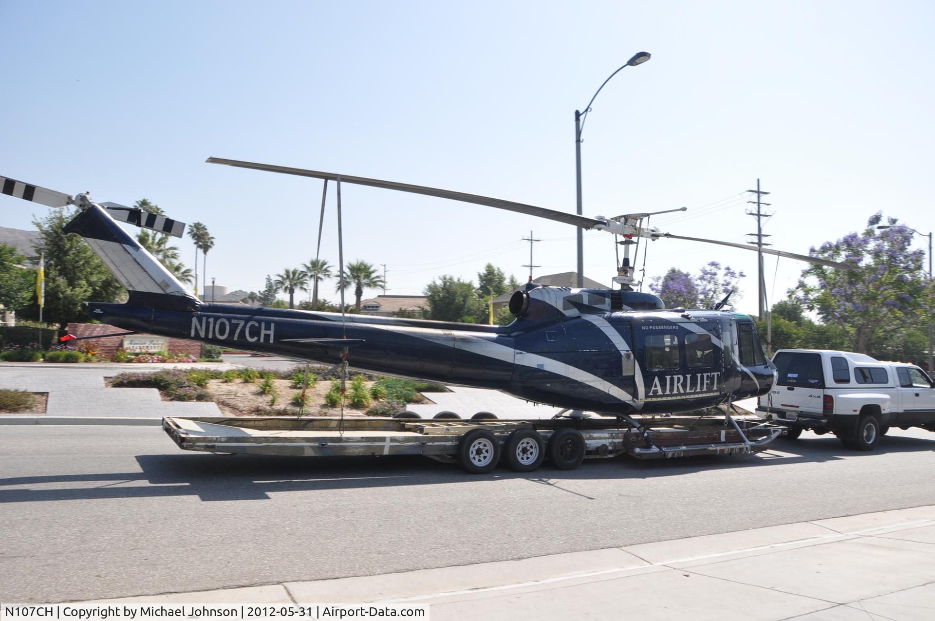 N107CH, 1967 Bell UH-1H Iroquois C/N 9488 (67-17290), Being driven to & from Lift job sites in Jurupa Valley California