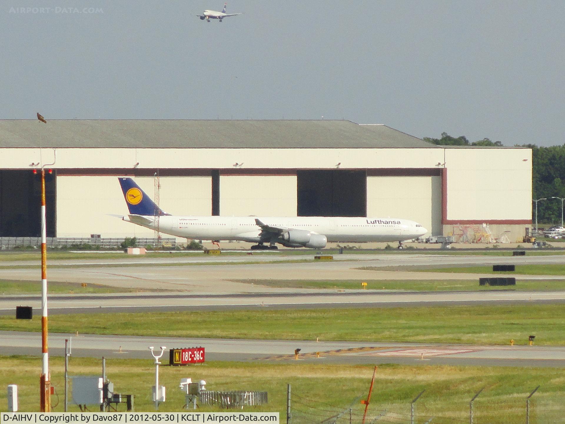 D-AIHV, 2008 Airbus A340-642X C/N 897, Preparing to depart from Charlotte-Douglas International Airport at 4:30 pm on May 30, 2012.