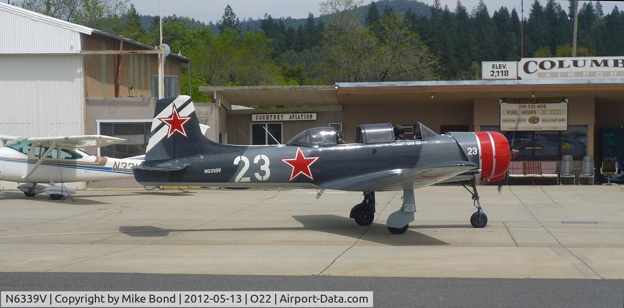 N6339V, 1973 Nanchang CJ-6 C/N 2951273, Landed after us at Columbia, CA.
Seen here taxiing to parking.