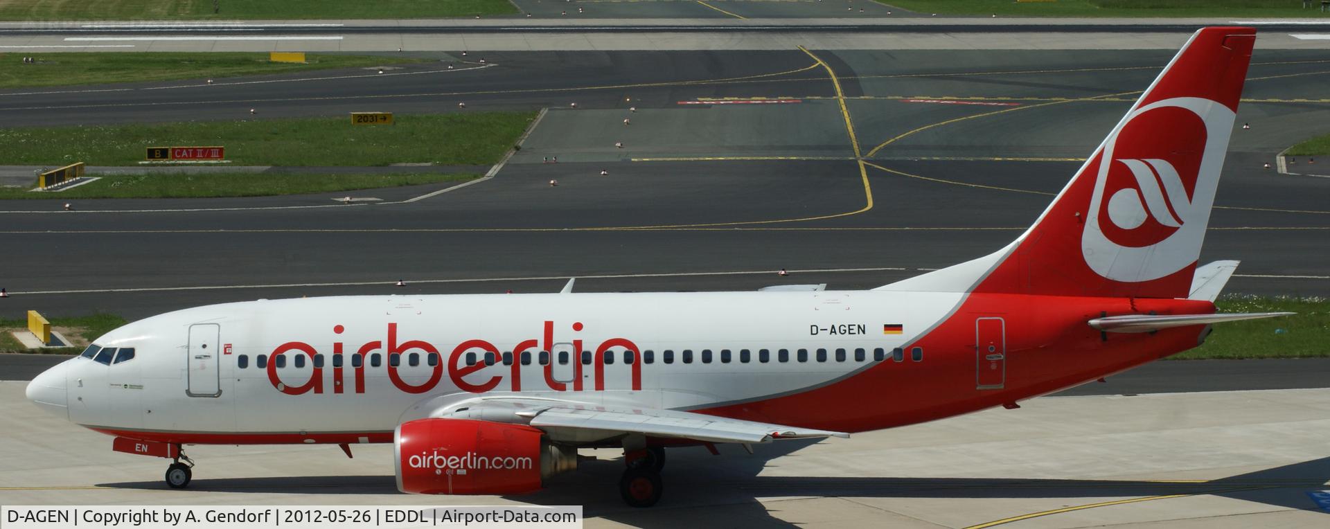 D-AGEN, 1998 Boeing 737-75B C/N 28100, Germania (Air Berlin cs.), is standing on the apron at Düsseldorf Int´l (EDDL)