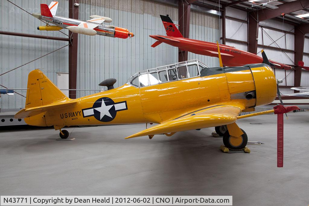N43771, 1943 North American AT-6D Texan C/N 88-15762, This aircraft was originally a North American AT-6D with the Serial Number 41-34532 and delivered to the USAAF. It was later transferred to the US Navy and re-designated as an SNJ-5 and given the Bureau Number 43771. cn is 88-15762.