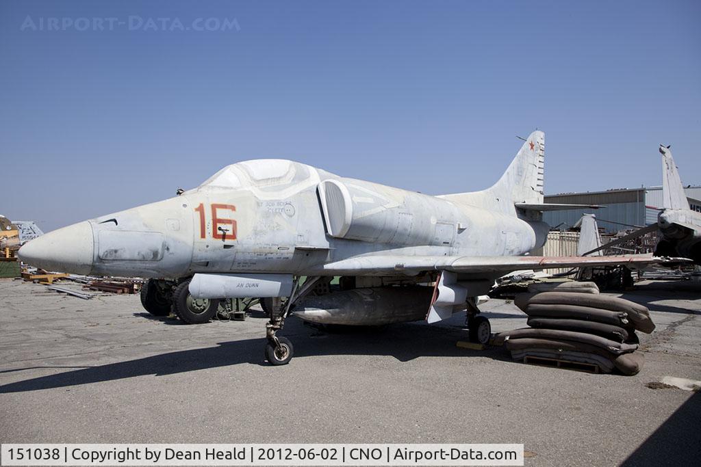 151038, Douglas A-4E Skyhawk C/N 13208, On display in the storage area at the Yanks Air Museum after several years at AMARC. This A-4E aggressor once served with VA-45 'Blackbirds'. The faded paint was once blue over gray.