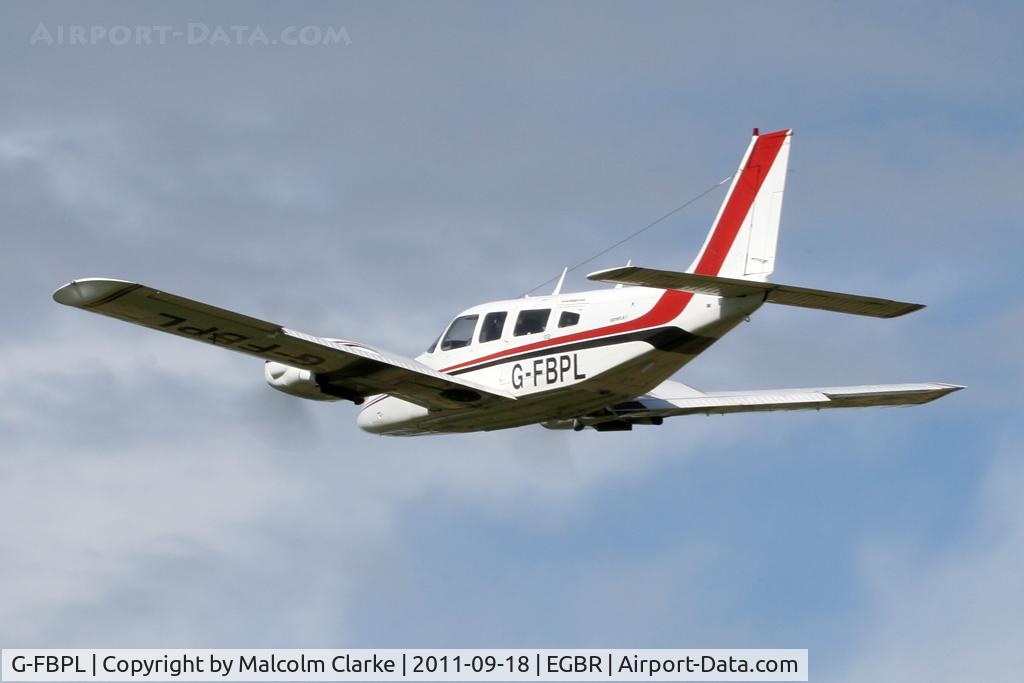 G-FBPL, 1973 Piper PA-34-200 Seneca C/N 34-7450056, Piper PA-34-200 Seneca departs Breighton Airfield, September 2011.