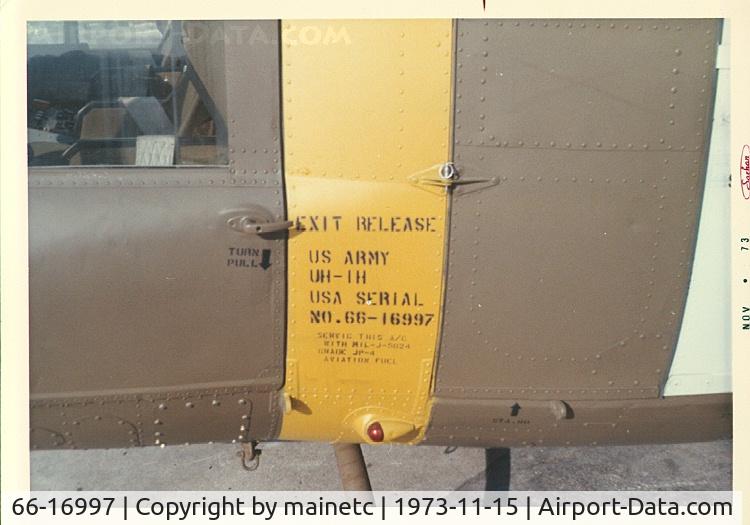 66-16997, 1966 Bell UH-1H Iroquois C/N 9191, I was a crew chief in the 377 Medical Company (AA)   Korea. This was my bird during my tour there 73-74. More pic can be seen on my Flickr account. http://www.flickr.com/photos/mainetc/collections/72157626145909992/ 