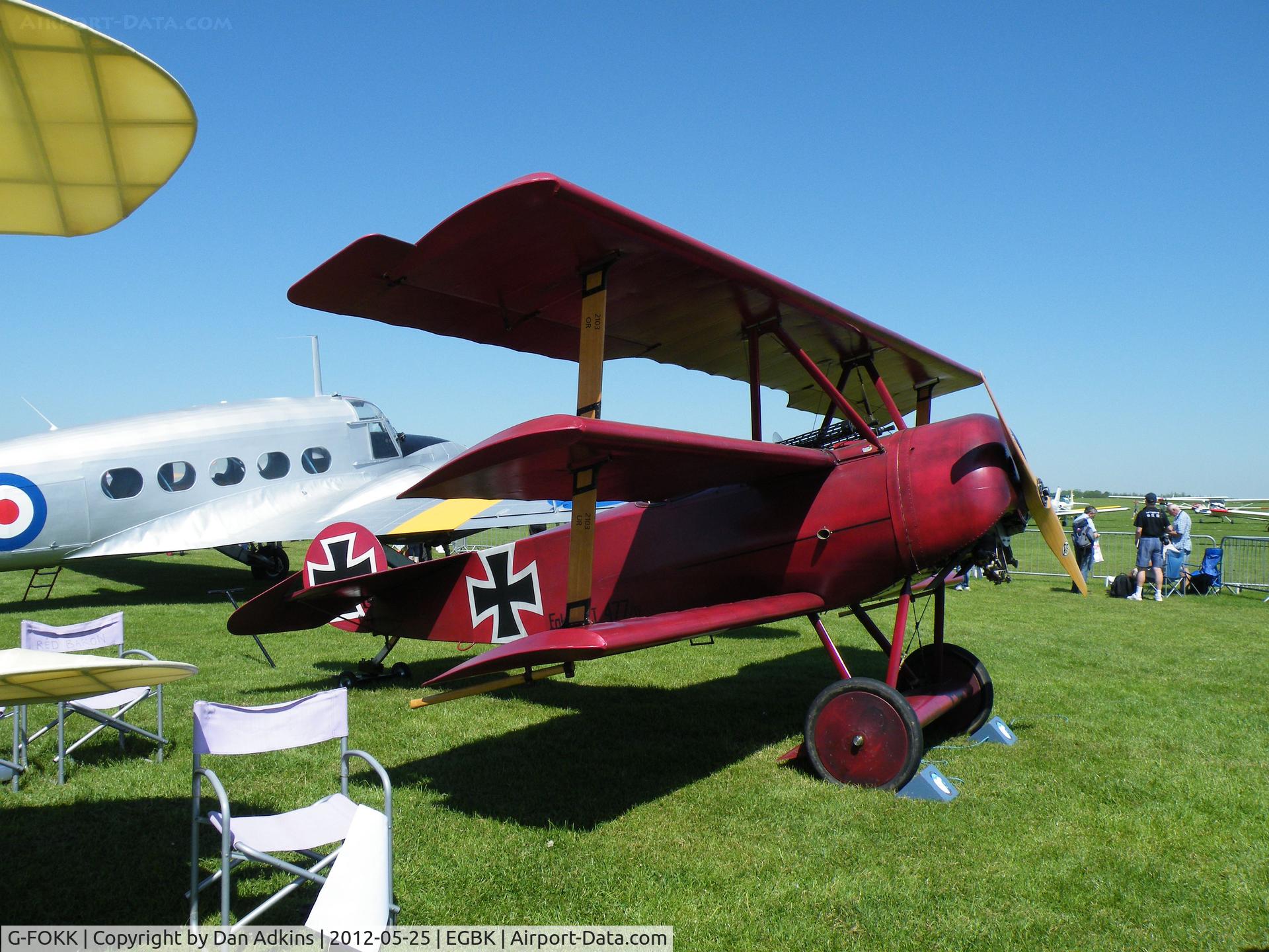 G-FOKK, 2006 Fokker Dr.1 Triplane Replica C/N PFA 238-14253, Replica Fokker DR1 Triplane 477/17 (G-FOKK) on display at the AeroExpo event at Sywell Aerodrome, Northamptonshire, UK, 25th May 2012.